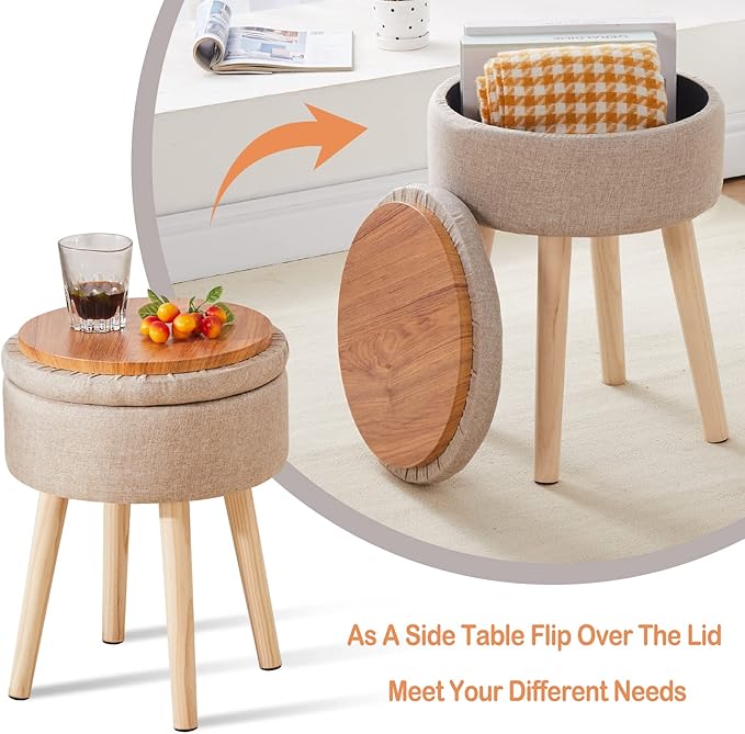 Mxfurhawa Storage Ottoman Linen Round Vanity Stool Tray Top Modern Foot Stool - Image 4