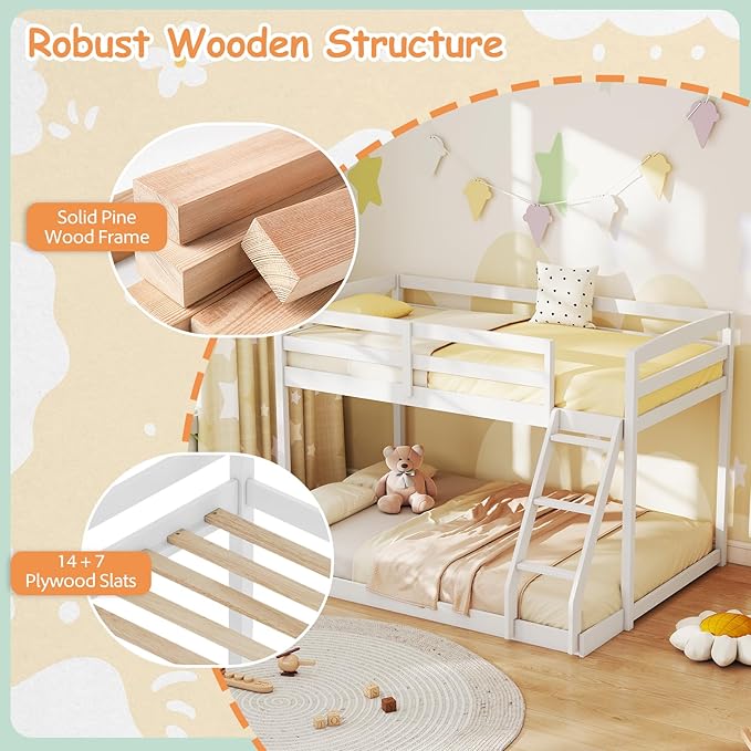 KOMFOTT Low Bunk Bed Twin Over Full, Solid Wood Twin Bed Frame - Image 5