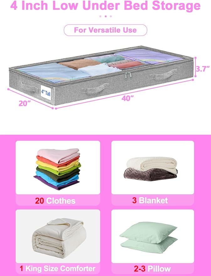 punemi Under Bed Storage Containers, Below 4 Inches Tall Low Profile Underbed - Image 5