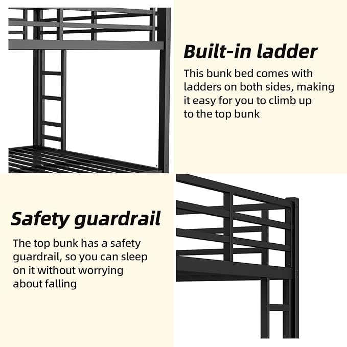 Queen Over Queen Bunk Bed Frame, Heavy Duty Metal Loft Bed - Image 5
