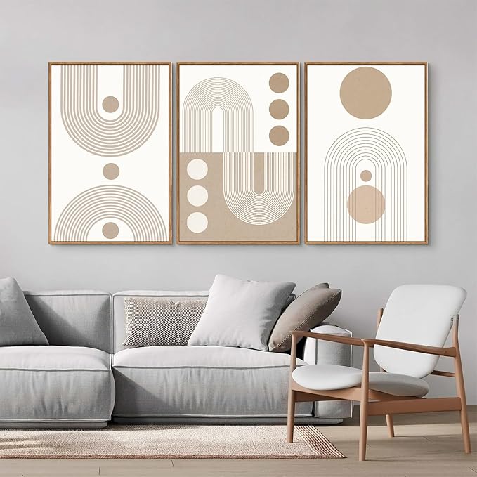 YeeHomedec Boho Beige Neutral Framed Canvas Wall Art, Mid Century Modern Wall - Image 3