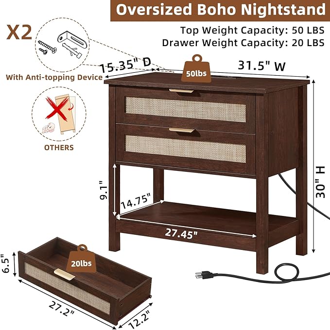 LEYAOYAO 31.5" Wide Rattan Night Stand, Large Boho Nightstand, Bedside Table - Image 2