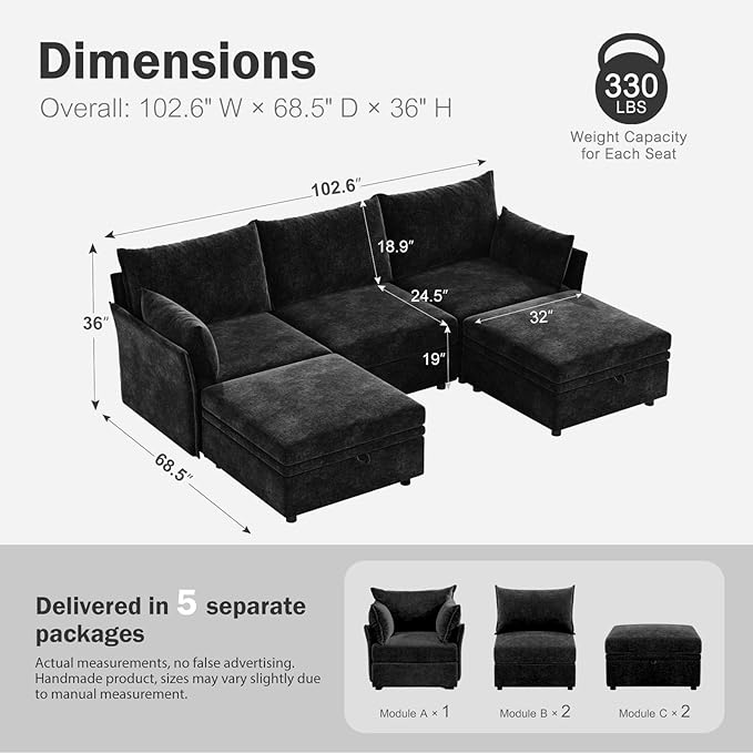 ABCASA 102.6" U Shaped Modular Sectional Sofa, 5 Seater Couch - Image 2