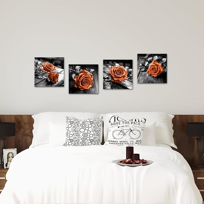 VANSEEING 4 Pieces Orange and Black Rose Flower Canvas Wall Art Floral Pictures - Image 6