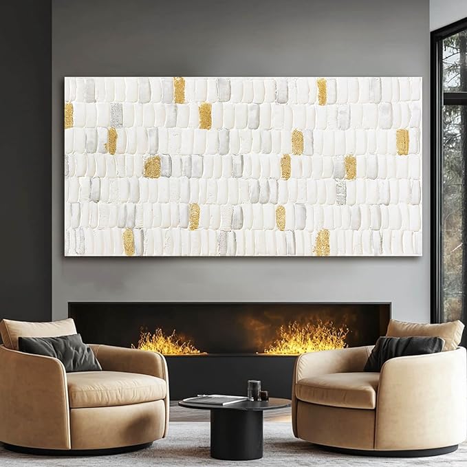 YETHEN WAL White and Gold Textured Wall Art 29x58, Hand-Painted Neutral - Image 3