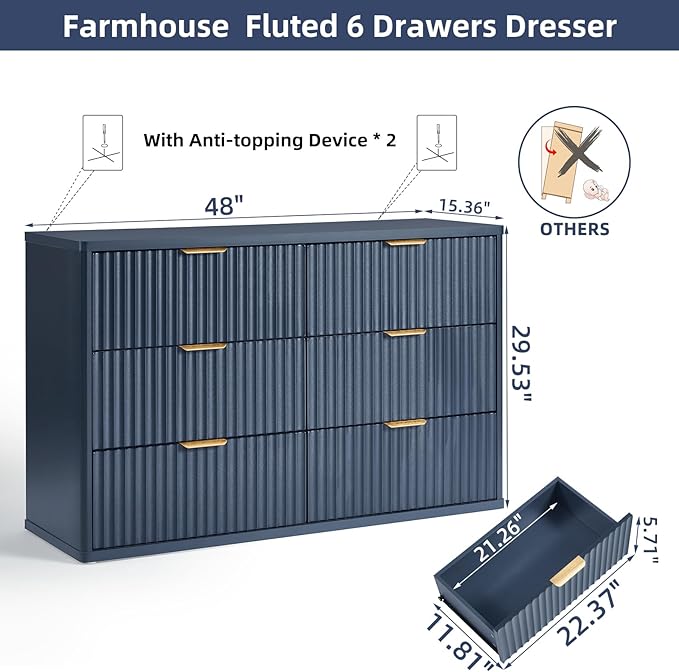 LEYAOYAO Fluted 6 Drawers Dresser Set of 2, Wooden Drawer Organizer - Image 3