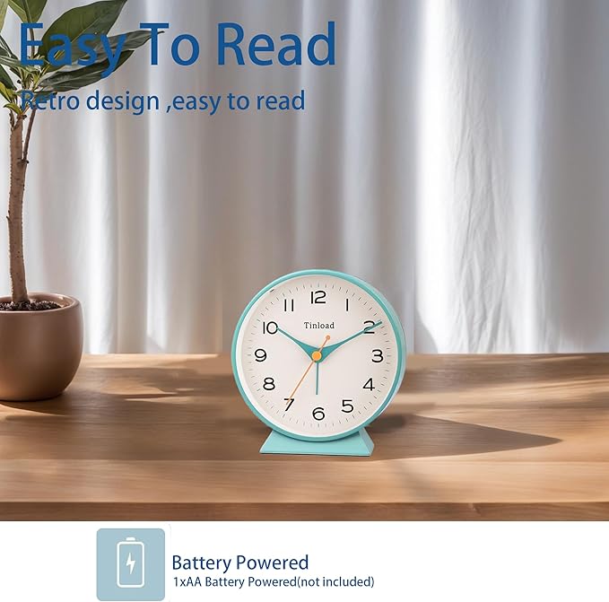 4.5" Battery Operated Retro Analog Alarm Clock, Small Silent Bedside Desk Clock - Image 3