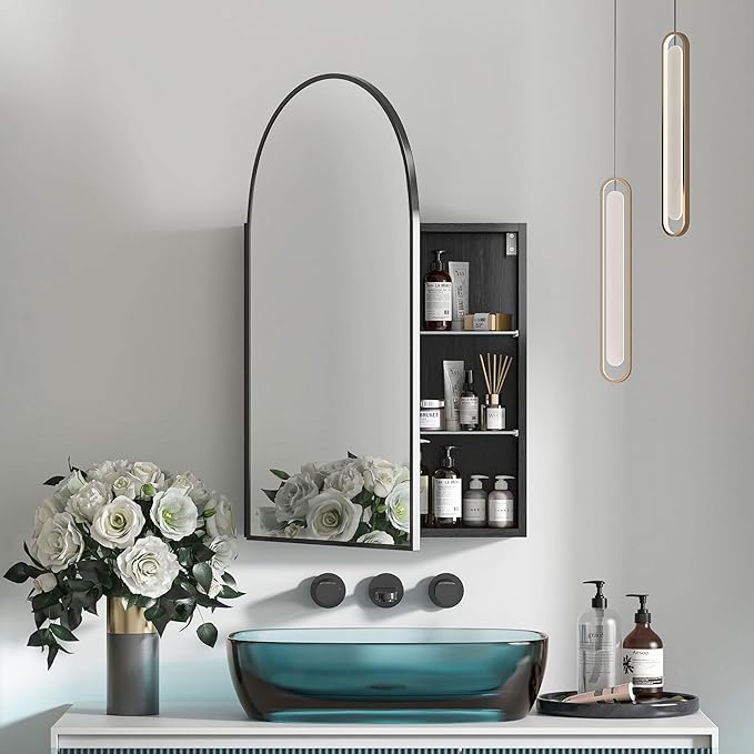 Arched Medicine Cabinet Mirror for Bathroom, Brushed Black Arch Mirror Cabinet by Mepplzian