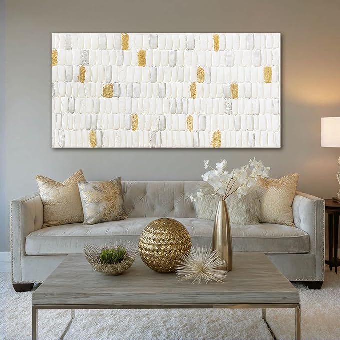 YETHEN WAL White and Gold Abstract Wall Art, Textured Geometric Canvas Painting - Image 5