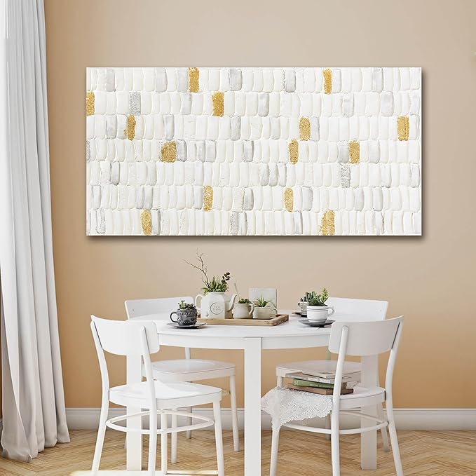 YETHEN WAL White and Gold Abstract Wall Art, Textured Geometric Canvas Painting - Image 3