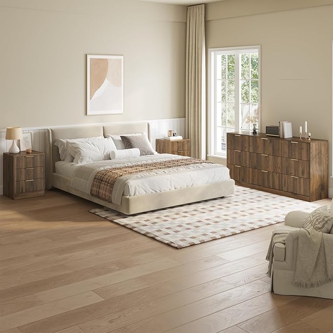Walnut Dresser & 3 Drawer Nightstand Set 3-Piece, 63” Long 9 Drawer Dresser and - Image 2