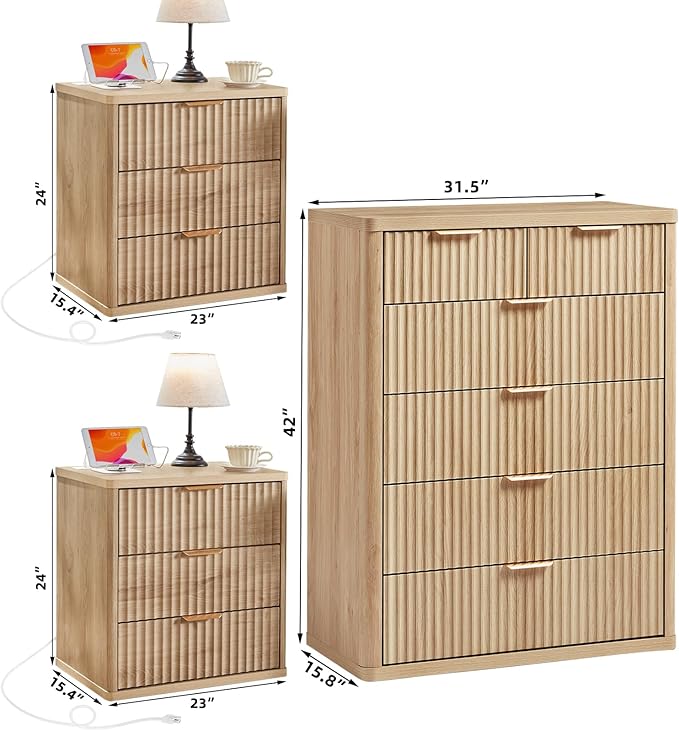 LEYAOYAO 42" Tall Fluted Dresser and 3 Drawers 23" Nightstand Set of 2 - Image 3