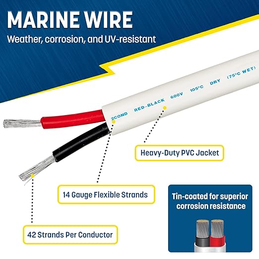 GS Power 50 Ft Duplex Marine Wire, 14 Gauge Wire, Oxygen-Free Tinned Copper 14 - Image 2