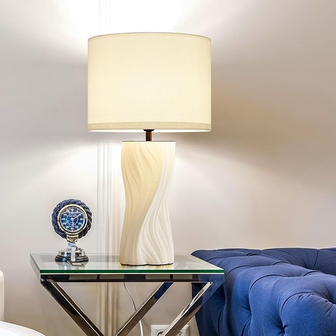 White Ceramic Table Lamps 21.5In Modern Plug in Table Lamp Bedroom Bedside by Waikmdv