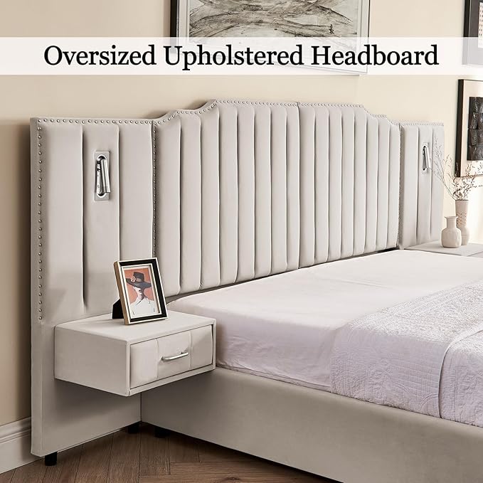 King Size Bed Frame with Storage, Luxury King Platform Bed Frame with Headboard - Image 6