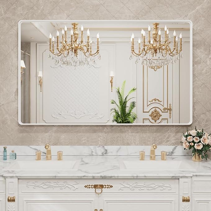 LOAAO 55x36 Inch White Metal Framed Bathroom Mirror - Image 8