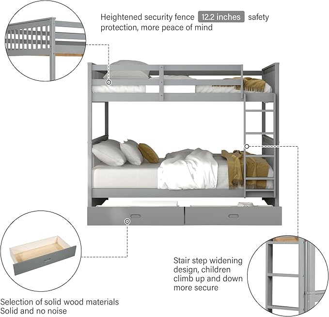 Merax Wood Bunk Bed with Drawers, Convertible Wood Bunk Bed with Ladders and - Image 4
