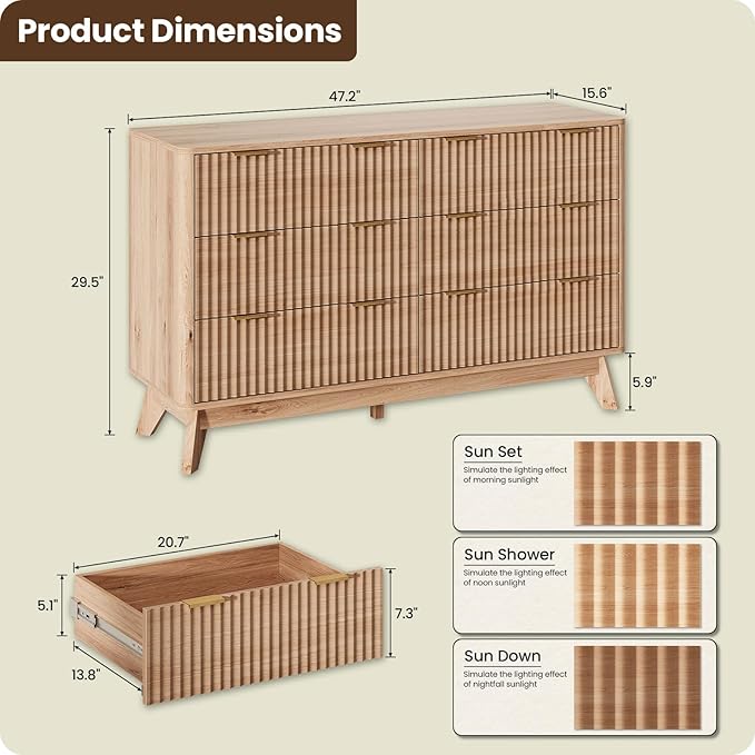 47'' Wide 6 Drawers Dresser for Bedroom, Modern Fluted Vertical Chest - Image 2
