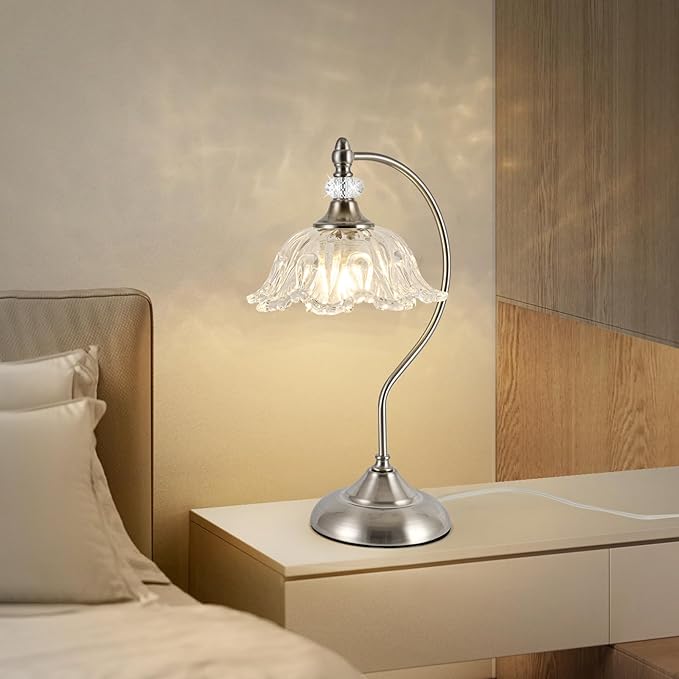 Brushed Nickel Table Lamp with a Floral Clear Glass Shade, A Plug-in Nightstand - Image 8