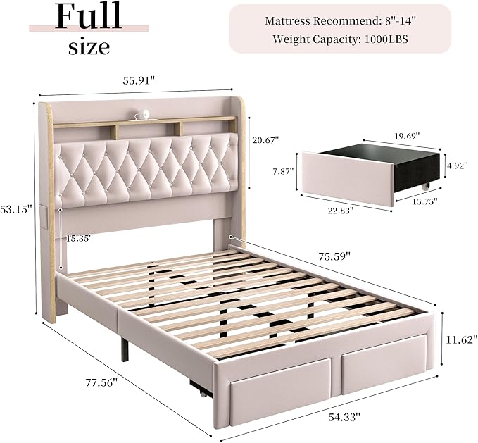 Full LED Bed Frame with Storage Drawers, Velvet Upholstered Platform Beds with - Image 2