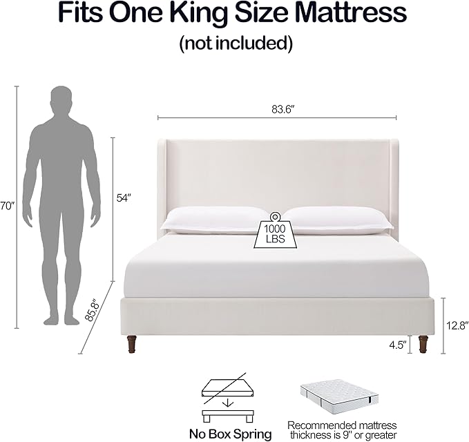 Upholstered Bed Frame with 54'' Nail Head Decorative Wing Back, Hand Buttoned - Image 2