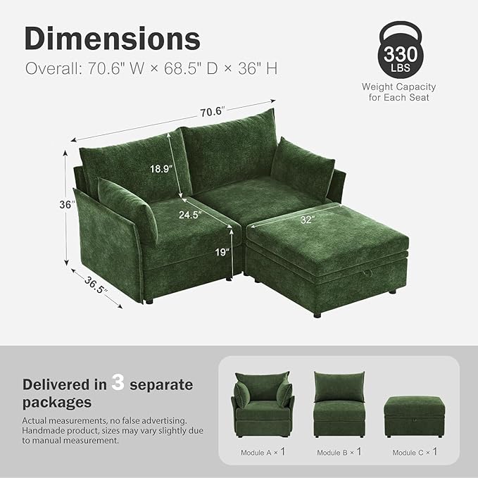 ABCASA Luxury Modular Sectional Sofa, L-Shaped 3-Seat Couch - Image 2