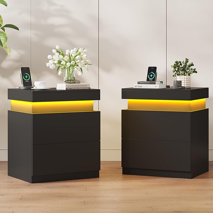 ADORNEVE Black Nightstand with Charging Station and LED Lights, Night Stand - Image 7