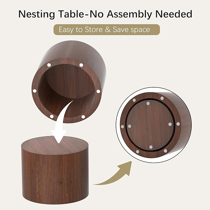 Nesting Coffee Table Set of 2, Round Walnut Wooden Coffee Tables Modern Circle - Image 3