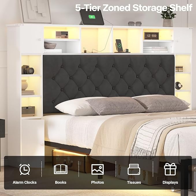 Full Size Bed Frame with Bookcase Headboard and Storage Drawers, 51.2" Metal - Image 5