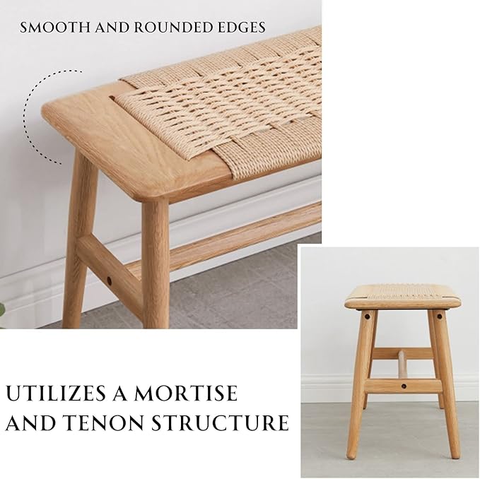 31.5'' Woven Dining Beach with 100% Solid Oak Wood Bench Frame, Hand Knitted - Image 5