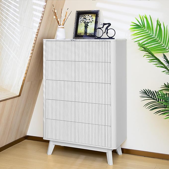 Fluted 5 Drawers Dresser for Bedroom, Curved Profile Design, Wood Drawer by Airynee