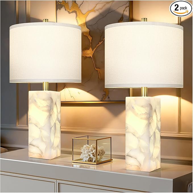 Scenekoy Natural Alabaster Table Lamp Set of 2 by SCENEKOY