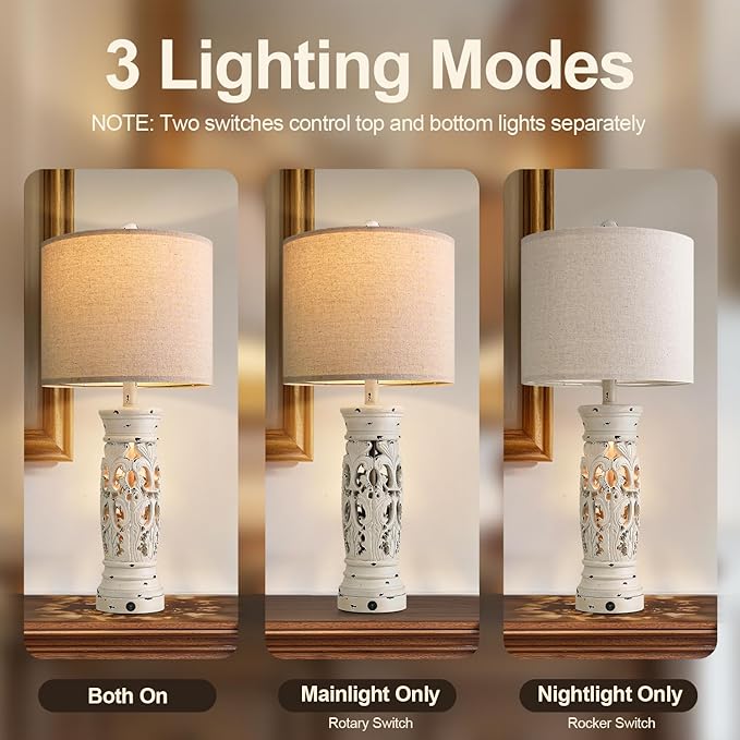BOBOMOMO 27.25” Farmhouse Table Lamps Set of 2 – Antique White Bedside Lamps - Image 4