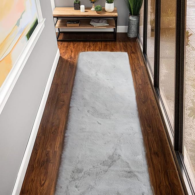 Fuzzy Grey Fluffy Washable Runner Rugs by ORINOVA