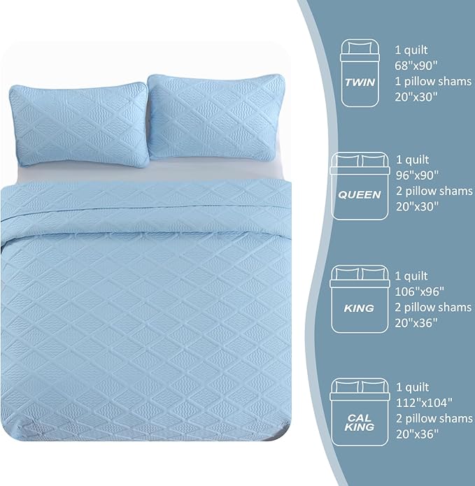 Yiran Ash Blue Quilt Set Queen Size, 3 Piece Reversible Bedspreads Bedding Set - Image 8