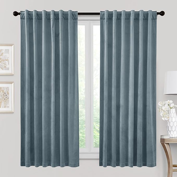 RYB HOME Velvet Curtains 63 inches Length, Back Tab & Rod Pocket Soft Fabric by RYBHOME