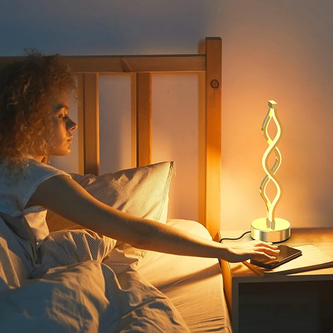 NUÜR Infinity Spiral LED Table Lamp Silver, Dimmable Metallic Bedside Lamp - Image 3