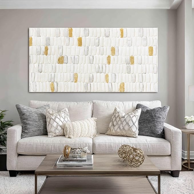 YETHEN WAL White and Gold Abstract Wall Art, Textured Geometric Canvas Painting - Image 6