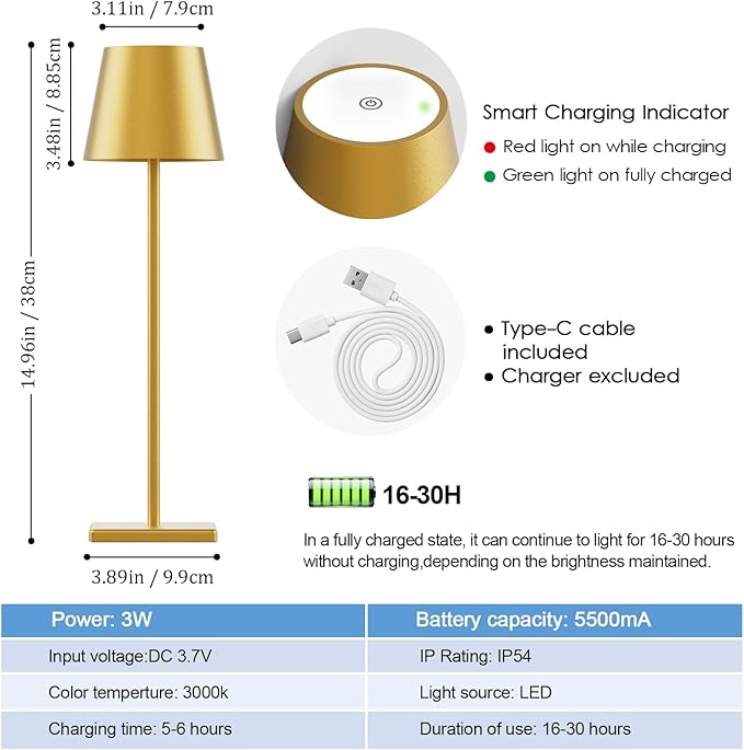 2-Pack LED Cordless Table Lamp 3W 5500mAh Rechargeable Battery Operated - Image 6