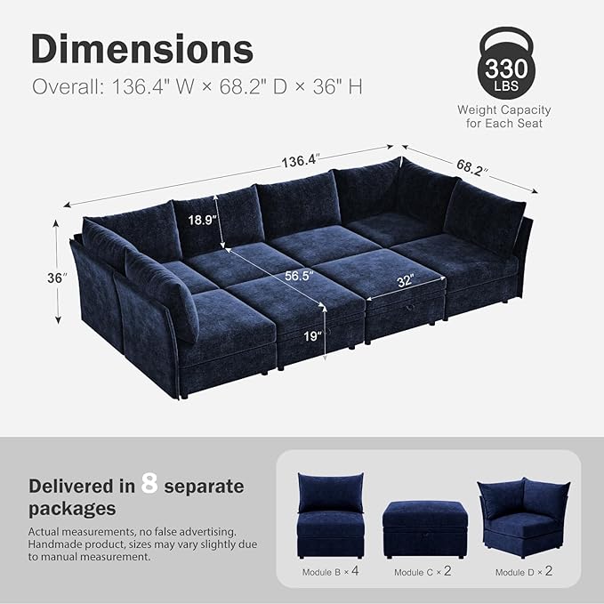 ABCASA 136.4" Oversized Modular Sectional Sleeper Sofa Bed, U Shaped - Image 2