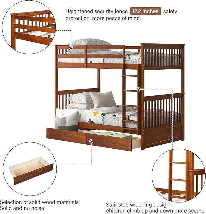 Merax Wood Bunk Bed with Drawers, Twin Over Twin Size Convertible Bunk Bed with - Image 4