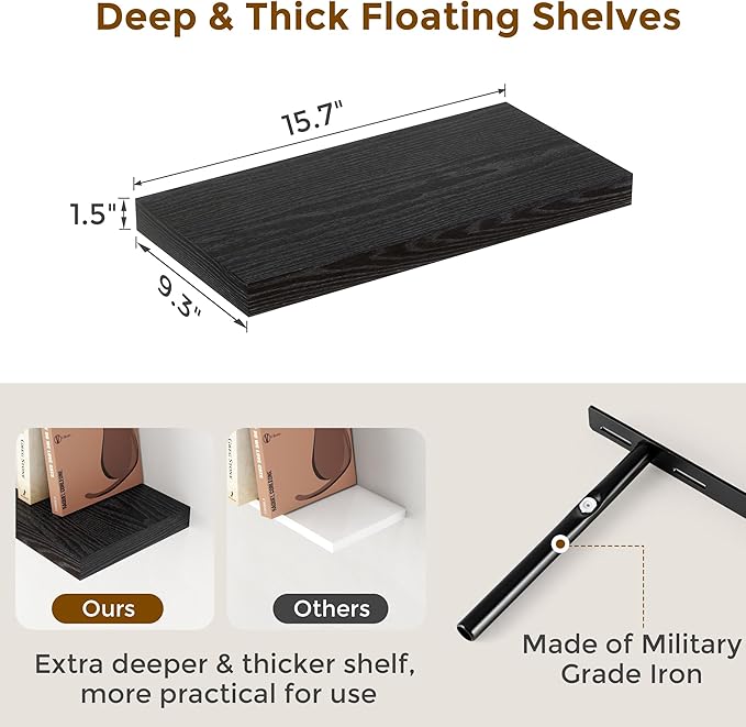 Floating Shelves 16 Inch Long, Wall-Mounted Bathroom Shelves Set of 2, 9.3 Inch - Image 3