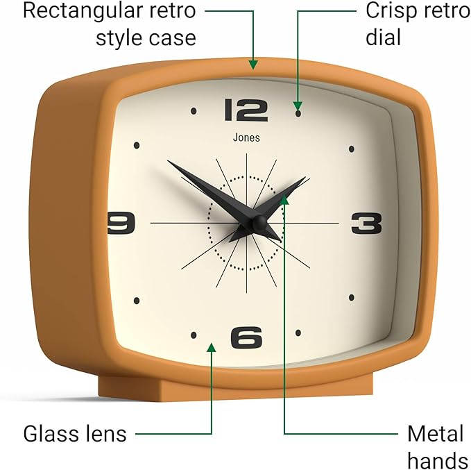 JONES CLOCKS® Film Desk Clock | Retro Rectangular Design | Mustard Yellow | - Image 6