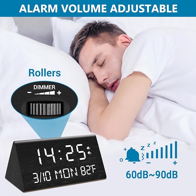 Kogonee Wooden Digital Alarm Clock, 0-100% Dimmer, 2 Alarm Settings, - Image 5