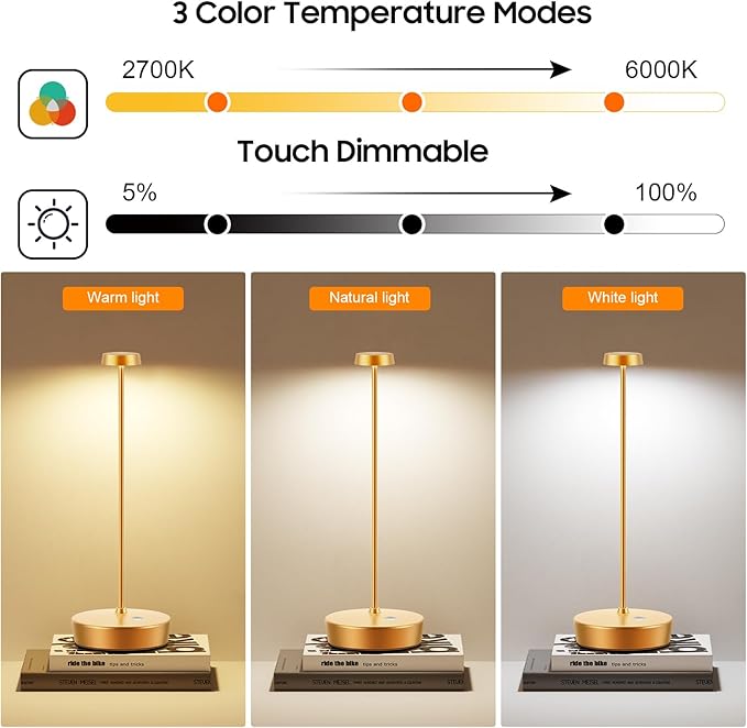 Cordless LED Table Lamp，Rechargeable Battery Desk Lamps, 3 Color Stepless - Image 3