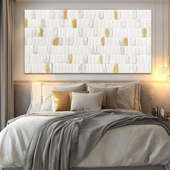 YETHEN WAL White and Gold Textured Abstract Wall Art, Minimalist Neutral Canvas - Image 4