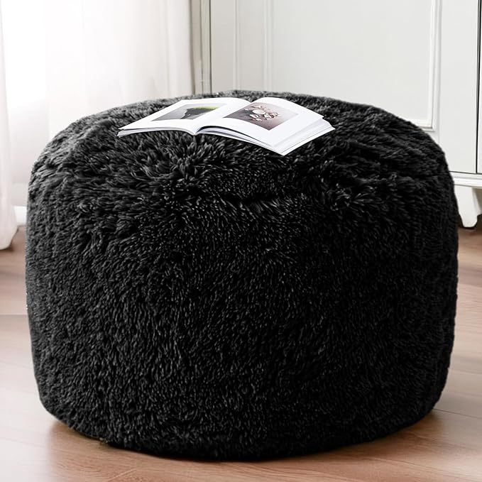 HIGOGOGO Round Stuffed Pouf Ottoman, Long Faux Fur Poufs - Image 2