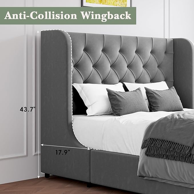 HOMBCK Grey Queen Bed Frame, Velvet Upholstered Platform Bed Frame - Image 4