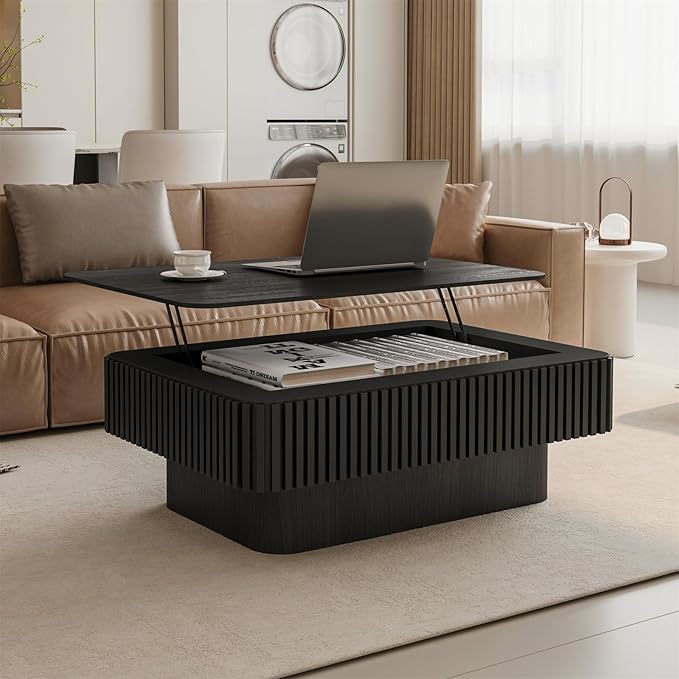 LKTART Lift Top Coffee Table for Living Room, Accent Fluted Coffee Table by LKTART