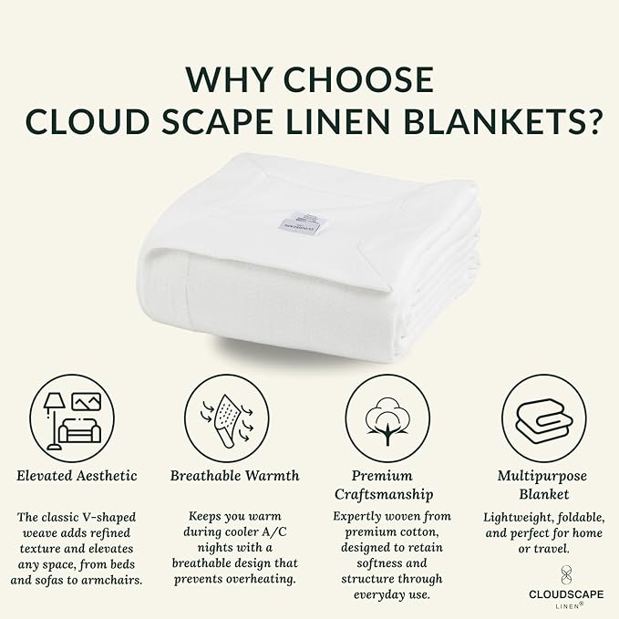 Cloud Scape Linen 100% Cotton Blanket King 92x108 White - Image 3